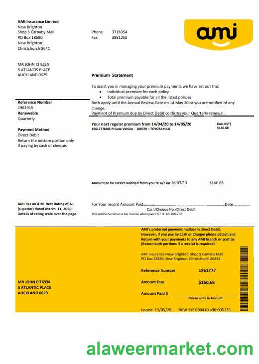 New Zealand Ami Insurance Limited bank statement template in Word and PDF format